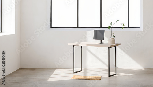 Wide View of Minimal Standing Desk by Tall Window in Empty Room