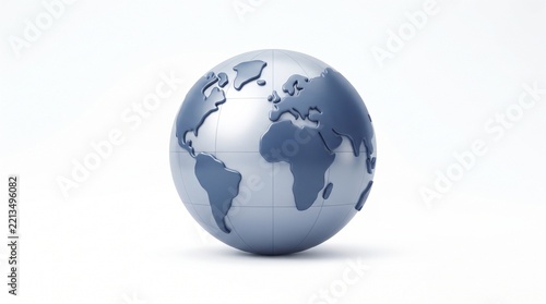 A realistic 3D rendering of a silver and blue globe with visible continents, symbolizing global connection and the planet Earth