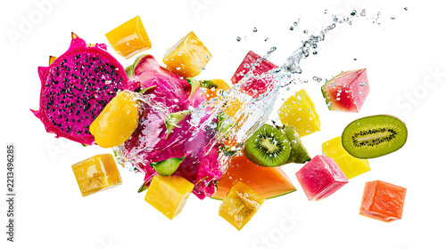 Isolated fresh exotic cut fruits and vibrant splashes of water, healthy and juicy summer ingredients