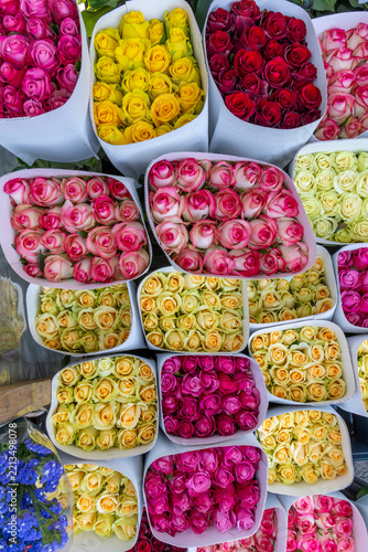 Colorful bunches of pink yellow red and white roses wrapped in paper and displayed in abundance for sale at a vibrant outdoor flower market stall, Yerevan, Armenia