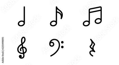 Minimalist music notes vector set, black outline musical symbols for audio design projects