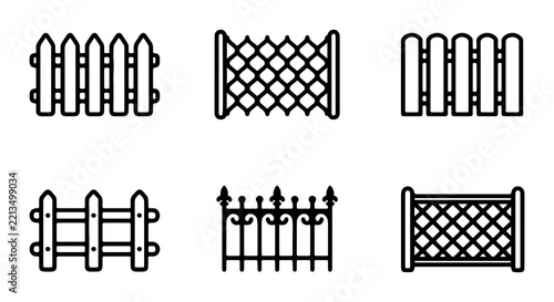 Six Vector Fence Icons, Garden Boundary Symbols, Property Line Markers, Outdoor Security Elements