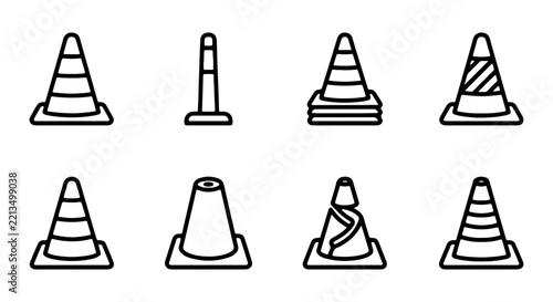 Traffic Cone Icons Set, Safety Warning Cones, Construction Site Markers, Road Barrier Symbols