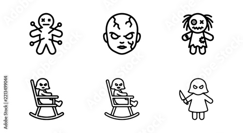Spooky Halloween Icons: Voodoo Doll, Zombie Face, Creepy Doll, Rocking Chair, Knife Girl