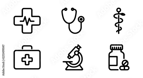 Medical Icons Set: Stethoscope, Caduceus, First Aid Kit, Microscope, Pills
