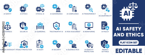 AI safety and ethics icon set. featuring ethical ai, ai governance, ai guardrail, trustworthy ai, ai compliance, and privacy protection.