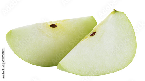 Isolated fresh green apple slices with seeds, healthy fruit wedges cut for snack