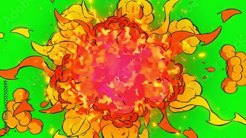 Animated cartoon explosion with orange smoke and fire elements on a green background screen