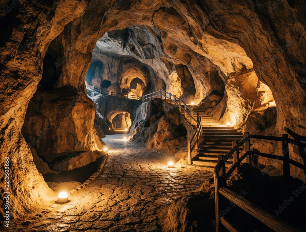 Fototapeta premium Large underground cave with stone walkway, wooden stairs. Warm lights illuminate natural rock walls, cavern ceiling. Tourists explore ancient cave city via paved path, safety railings. Beautiful