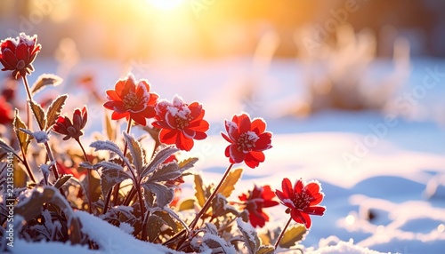 Beautiful winter flowers blooming in a peaceful snowy garden, delicate white and soft pink flowers covered with tiny frost crystals, fresh snow surrounding the plants, soft golden winter sunlight, rea