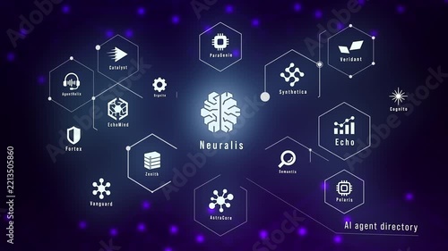 Futuristic AI Agent Directory Autonomous AI Workflow Network Visualization Motion Graphics Loop