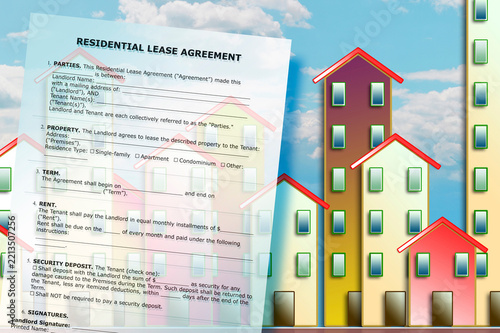 RESIDENTIAL LEASE AGREEMENT DOCUMENT WITH HOUSES - REAL ESTATE RENTAL CONTRACT FORM OVER HOMES AND BUILDINGS, PROPERTY, RENT, HOUSING, LANDLORD AND TENANT CONCEPT WITH PAPER DOCUMENT AND NEIGHBORHOOD