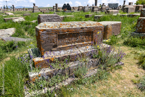 Nineteenth century inscribed tombstone surrounded by purple lavender wildflowers growing amid the grass at the weathered Noratus medieval cemetery stone forest, Noratus, Armenia