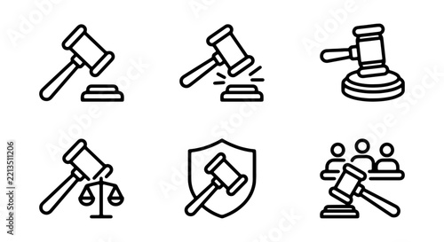 Minimalist law icons vector set, judicial gavel and court symbols for legal design