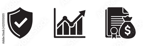 Business icons set with shield, graph and money bag, finance and security
