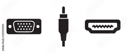 VGA, audio jack and HDMI connector icons set, technology connection symbols