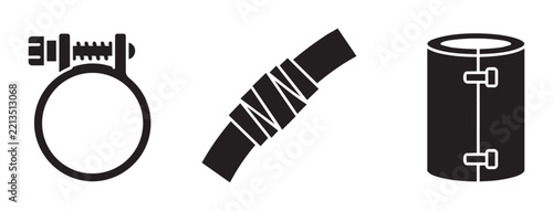 Hose clamp and pipe section silhouettes set for plumbing and industry, repair and connection