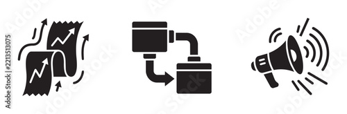 Business icons set with growth chart, pipeline and megaphone for finance and marketing