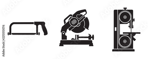 Saw set with hacksaw, chop saw and band saw silhouettes for industry