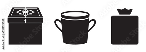Treasure chest, mug and gift bag silhouettes set for commerce and celebration