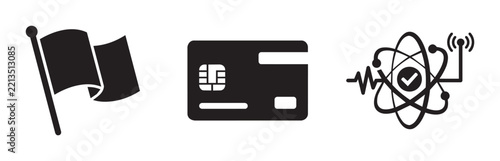 Flag, credit card and atom icons set for business, science and technology themes