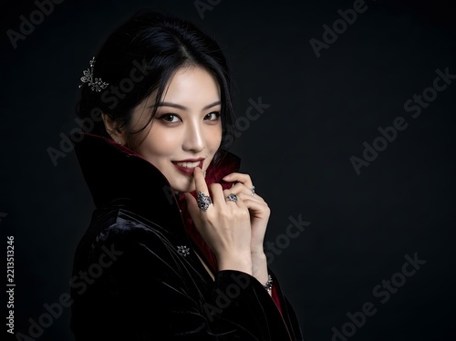 Beautiful gothic woman in high collar velvet cape smiling mysteriously