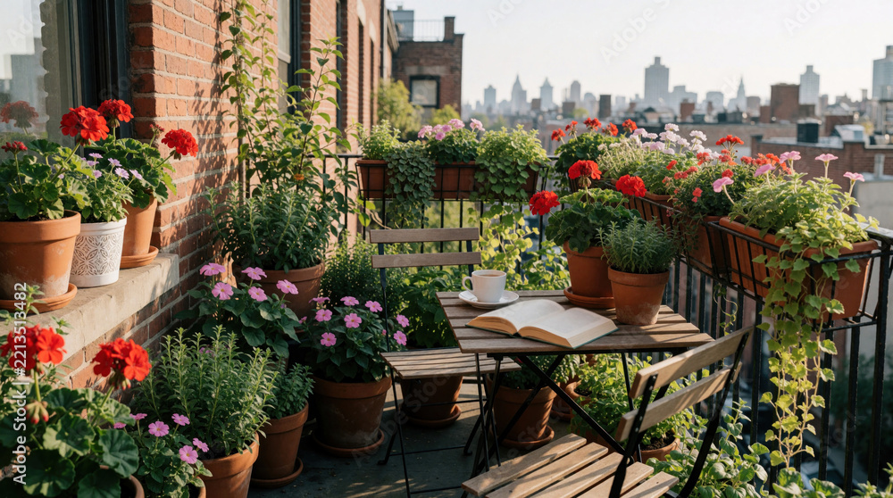 Fototapeta premium Green balcony garden with many potted plants, blooming flowers. Small wooden table open book, cup of coffee. Urban city skyline background shows high buildings. Cozy outdoor space for relaxation,