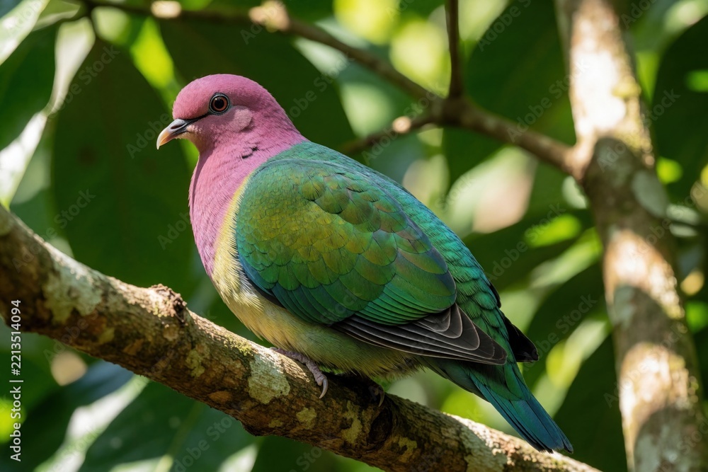 Fototapeta premium Pink headed fruit dove sits on tree branch in tropical forest. Colorful wild bird with pink neck, green feathers perches among rich leaves. Exotic pigeon species lives in natural jungle habitat in