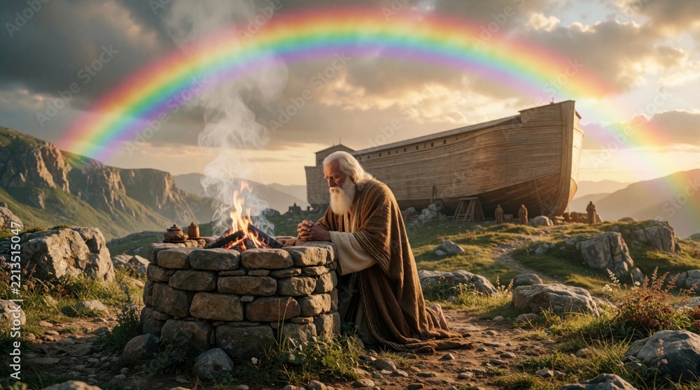 Naklejka premium Elderly Noah kneels before stone altar with fire, smoke. Huge wooden ark stands on mountain hill under bright rainbow in sky. Biblical man prays near sacred flame, showing faith, hope after great