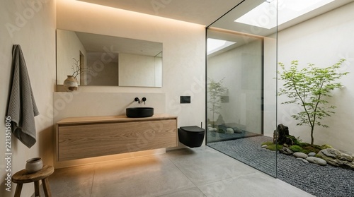 Modern minimalist bathroom with Zen garden, skylight, and floating vanity