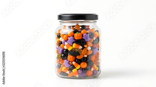 Glass jar filled with assorted festive halloween candies and pumpkin shaped sweets halloween container colorful assortment collection celebration decorative