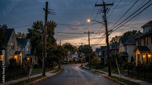 Suburban Street Twilight Residential Neighborhood Street Lamps Dusk Evening