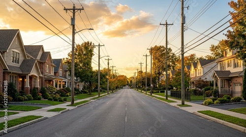 Suburban street with houses, trees, and power lines at sunset