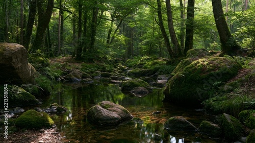 Serene forest stream flowing over mossy rocks in lush green woods