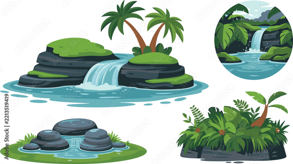 Fototapeta premium tropical island waterfall jungle, A collection of vibrant cartoon style illustrations featuring tropical island landscapes with lush greenery waterfalls and rocky terrain elements