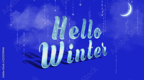 Hello Winter Animated 3D Ice Typography Text on Blue Background with Moon