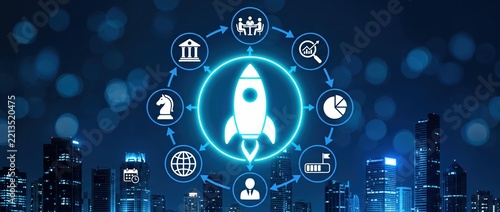 Business growth concept with rocket and icons in cityscape