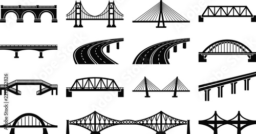 Bridge Silhouette Collection Featuring Suspension Arch Cable Truss Highway And Modern Transportation Bridge Designs