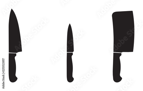 Kitchen knife set with cleaver, chef's knife and paring knife silhouettes for cooking