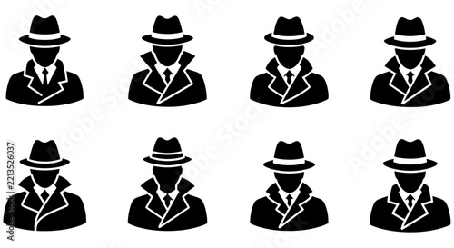 Detective silhouettes with fedora hats on a white background eight variations