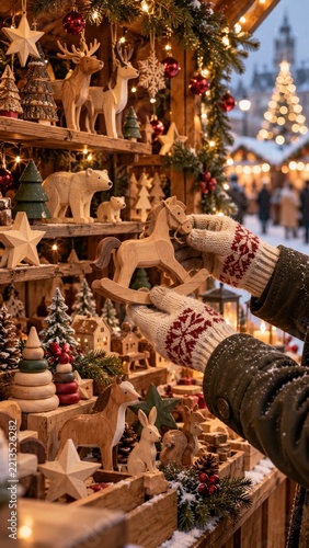 Gloved Hands Choosing Wooden Rocking Horse at Christmas Market