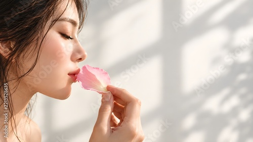Beautiful Young Asian Woman Smelling Pink Flower Petal with Soft Natural Sunlight and Window Shadows, Skincare and Wellness Concept.