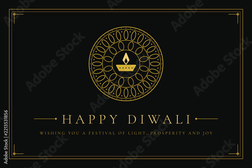 Luxury Happy Diwali Greeting Card with Gold Line Art Mandala and Diya on Black Background, Elegant Minimal Corporate Festival of Lights Wishes


