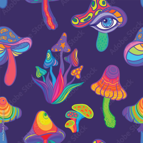 Psychedelic seamless vector pattern with mushrooms and colorful organic shapes. Trippy botanical design inspired by psychedelic art, nature, fungi and visionary aesthetics.