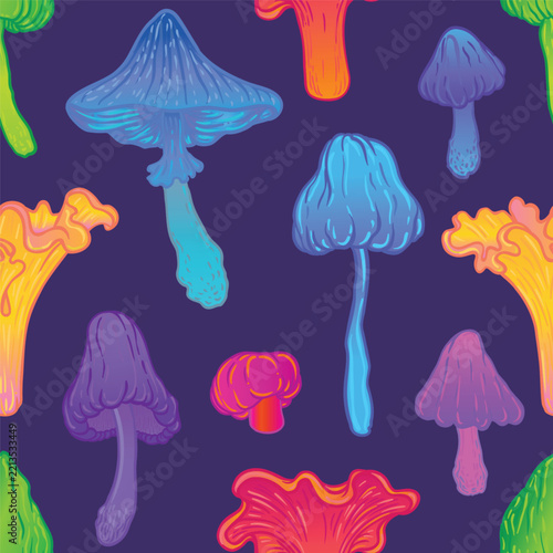 Psychedelic seamless vector pattern with mushrooms and colorful organic shapes. Trippy botanical design inspired by psychedelic art, nature, fungi and visionary aesthetics.