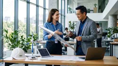 Renewable energy engineers discussing a solar panel prototype and wind turbine model in a bright modern office workspace