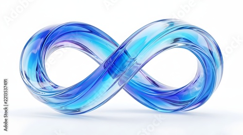 Abstract 3d infinity symbol made of transparent blue glass, elegant flowing shape with light reflections, isolated on white background