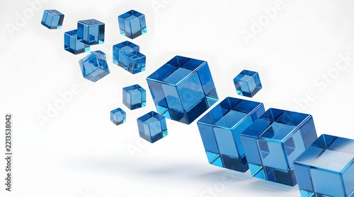 Floating translucent blue glass cubes in various sizes isolated on white background