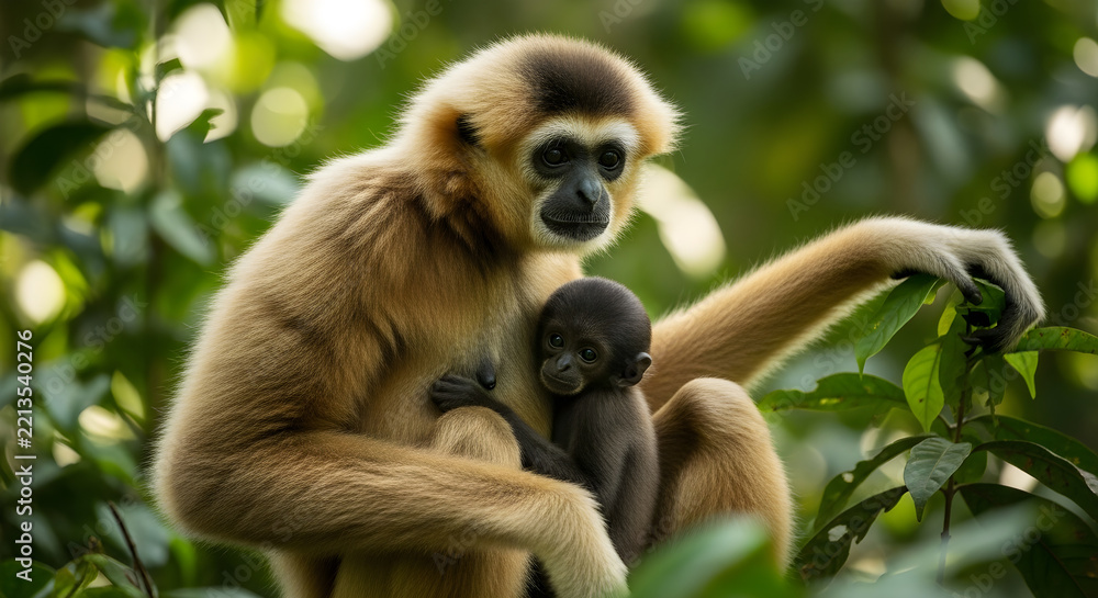 Fototapeta premium Mother gibbon embracing baby in lush natural jungle habitat for wildlife education and conservation.