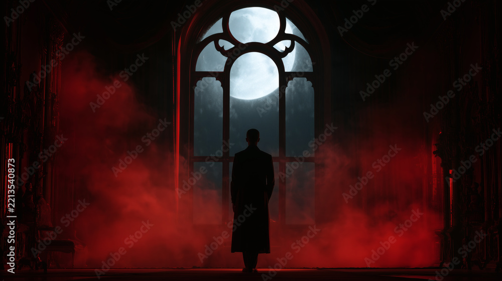 Naklejka premium Mysterious Man Silhouetted Against Window and Full Moon